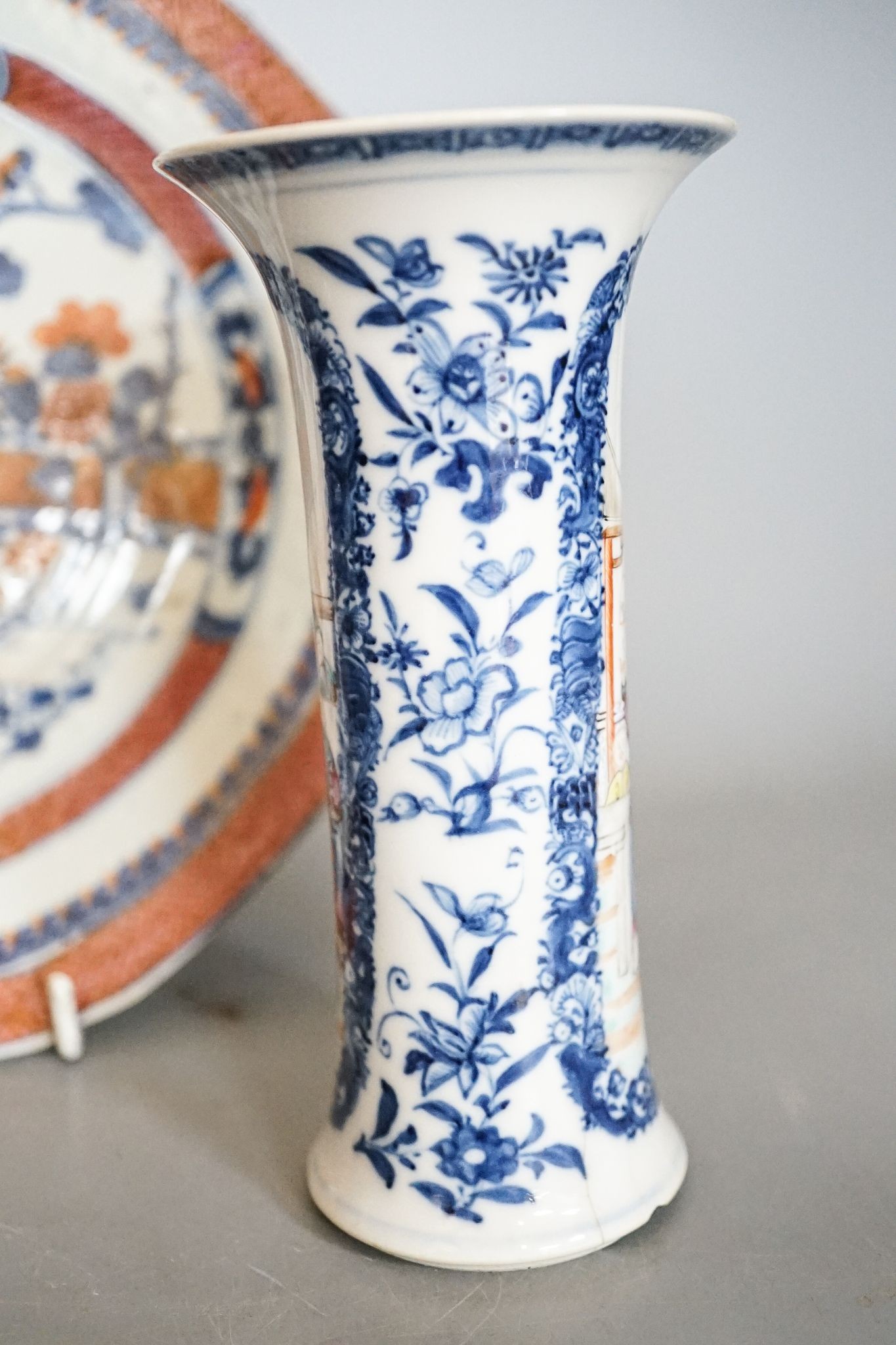 An 18th-century Chinese famille rose small vase, a similar octagonal plate, a 19th-century Cantonese dish and a crackle glaze arrow vase, tallest 15cm